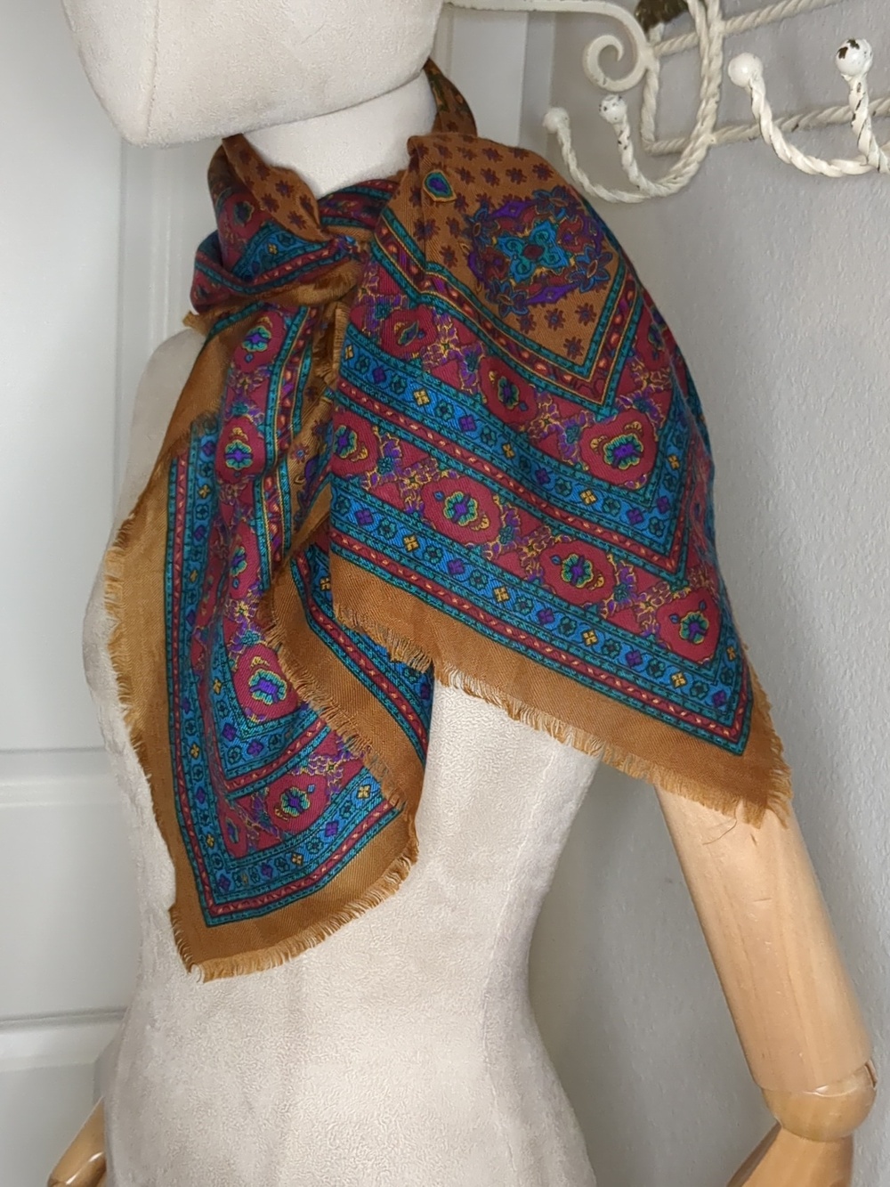 Vintage Women's Paisley Scarf W/ Fringe Edges Brown Teal Old Money Preppy